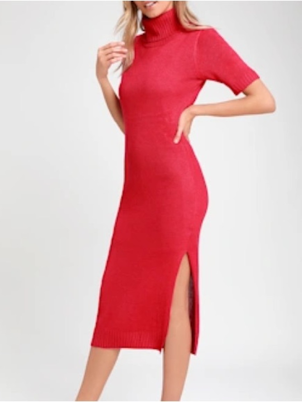 Lulus‎ Women’s Berry Red Turtleneck Tight Knit Midi Sweater Dress Size Small